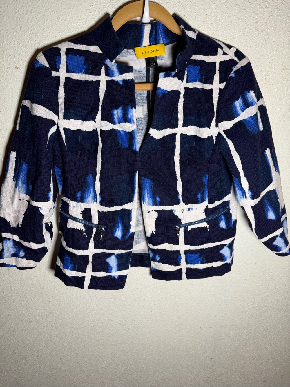 St. John Navy, White & Blue Grid Brushstroke Jacket
